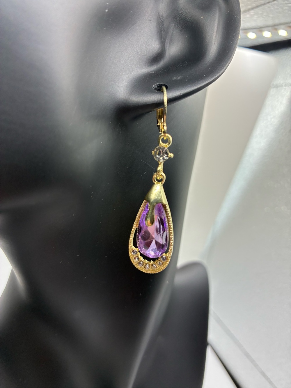 Gold-Tone Purple Teardrop Crystal Dangle Earrings - Women Jewelry